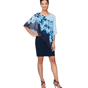 Ignite Evenings Floral Print Round Neck Sleeveless Asymmetric Capelet Dress 22W